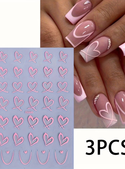 KissICON 3pcs-Pink KissIcon 3Pcs Valentines Heart Nail Art Stickers -