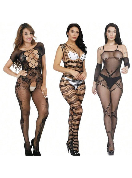 KissICON 3x Black 2 Pack One Fishnet Bodystockings Striped Lingerie