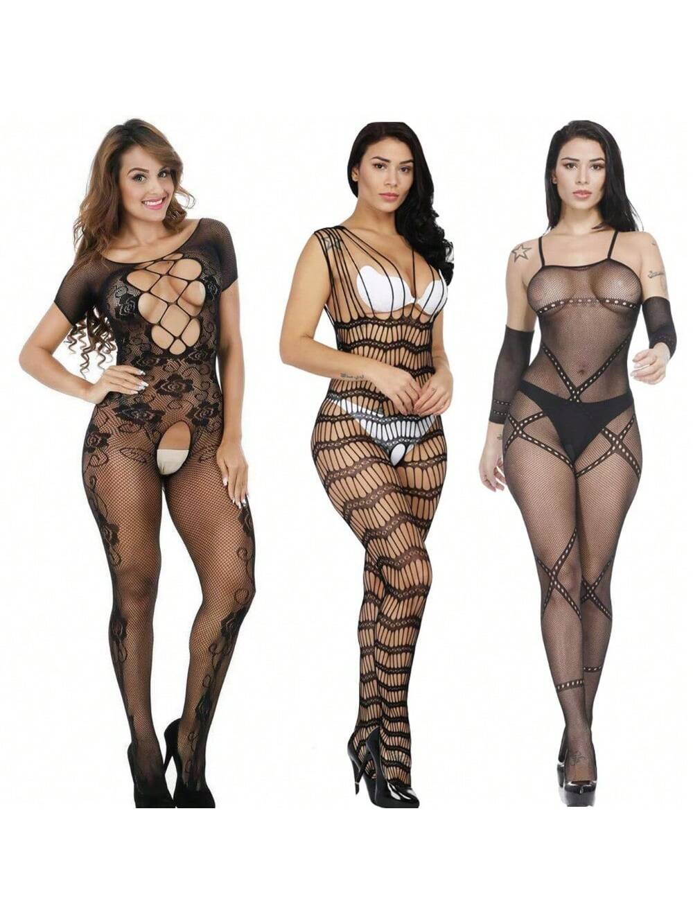 KissICON 3x Black 2 Pack One Fishnet Bodystockings Striped Lingerie