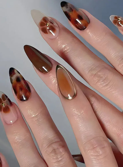 KissICON 4 Autumn Almond False Nails 24Pcs Glossy Brown Leopard