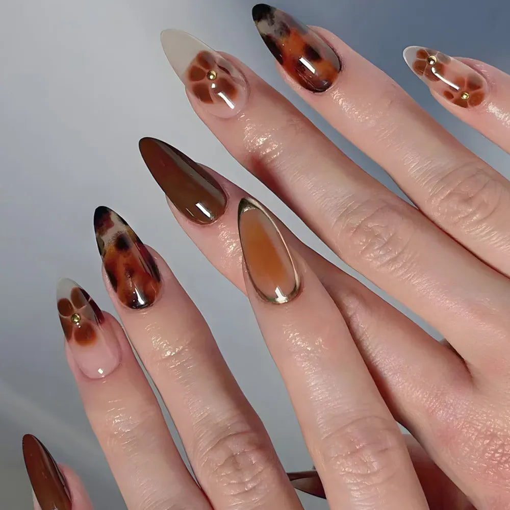 KissICON 4 Autumn Almond False Nails 24Pcs Glossy Brown Leopard