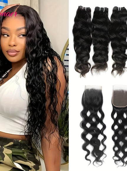 KissICON 4 Bundles with closure / 16 18 20 22+Closure14 KissIcon Brazilian Natural Wave Bundles HD Lace Closure