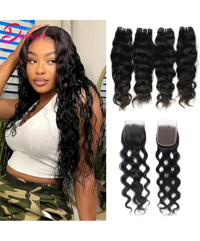 KissICON 4 Bundles with closure / 16 18 20 22+Closure14 KissIcon Brazilian Natural Wave Bundles HD Lace Closure
