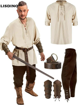 KissICON 4 Pcs Halloween Men's Renaissance Costume Set Medieval Pirate Shirt Ankle Banded Pants Viking Belt Accessories