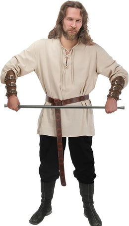 KissICON 4 Pcs Halloween Men's Renaissance Costume Set Medieval Pirate Shirt Ankle Banded Pants Viking Belt Accessories