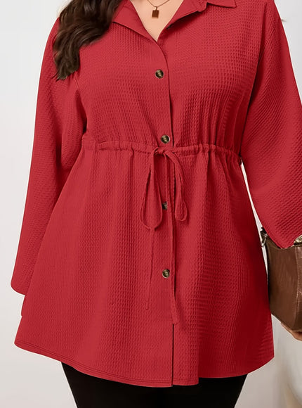 Plus Size - Plus Size, Women'S Elegant Long Sleeve Blouse - Button-Front Shirt with Drawstring Waist, Non-See-Through Fabric for Fall/Winter, Office, Party, Everyday Outfits - Women'S Formal & Casual Tops, Winter Wardrobe, Cl