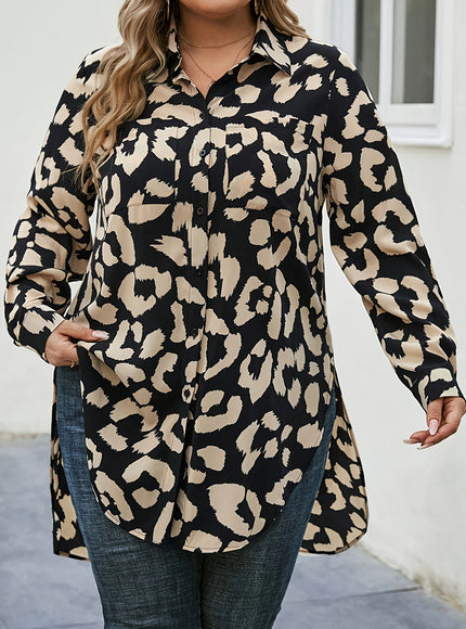 Plus Size, Women's Plus Size Blouse - Long Sleeve Button-up Shirt with Classic Collar, Black & Beige Animal Print for Fall/Spring - Office, Party, Everyday Chic Outfits - Machine Washable Non-See-Through Fabric