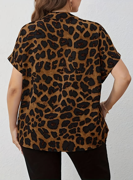 Plus Size, Women's Oversized Plus Size Leopard Print Blouse - Elegant Collar Button-Front Shirt with Black & Brown Spots, Structured Loose Fit Tunic Top for Spring/Fall/Summer, Casual & Formal Events, Machine Washable, Stylis