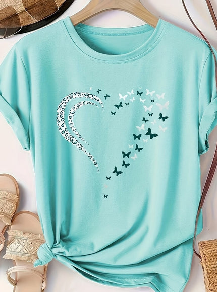 Plus Size Heart Print T-Shirt, Casual Crew Neck Short Sleeve T-Shirt, Women's Plus Size Clothing