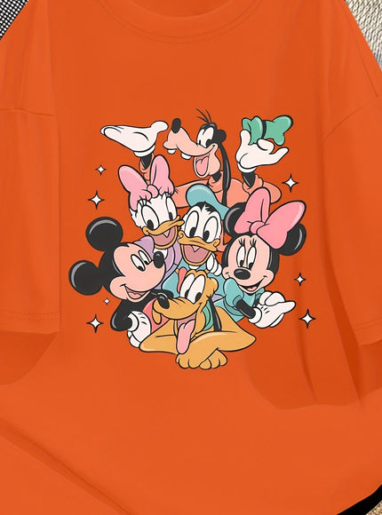 Disney Official Women's Summer New Arrival Oversized Fashionable Mickey Mouse & Friends Cartoon Print Casual Round Neck T-Shirt, Machine Washable Loose Fit Fun Design Comfort Fabric for Home and Outing Wear