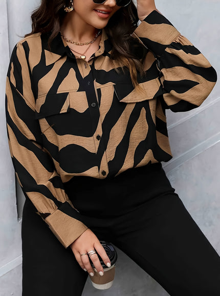 Women's Plus Size Casual Long Sleeve Striped Print Button-Up Shirt - Loose Fit, Black & Tan Animal Print, Turn- Collar, Machine Washable, Summer Style