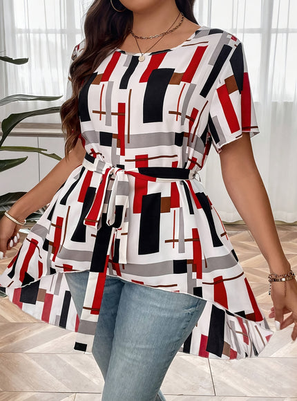 Plus Size Plaid Print Blouse, Casual Irregular Hem Crew Neck Short Sleeve Blouse, Women's Plus Size Clothing