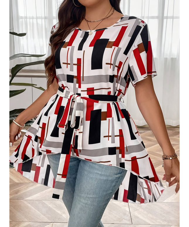 Plus Size Plaid Print Blouse, Casual Irregular Hem Crew Neck Short Sleeve Blouse, Women's Plus Size Clothing