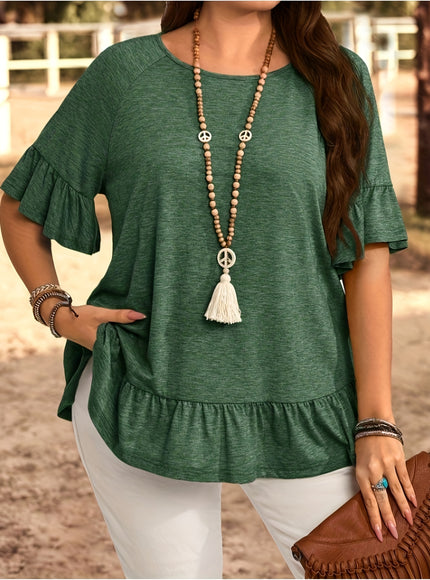 Plus Size, Women's Plus Size Bohemian Chic Short Sleeve T-Shirt - Ruffled Sleeve & Hem, Stretchy Round Neck Casual Top, Solid Blue Spring/Summer Machine Washable Elegant Resort Style Tee