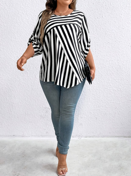 Elegant Plus Size Stripe Print Blouse - 100% Polyester Crew Neck Top, Oversized Non-Stretch Woven Shirt for All Seasons