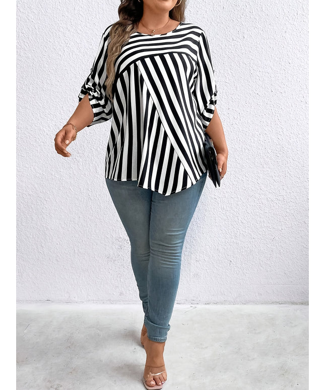 Elegant Plus Size Stripe Print Blouse - 100% Polyester Crew Neck Top, Oversized Non-Stretch Woven Shirt for All Seasons
