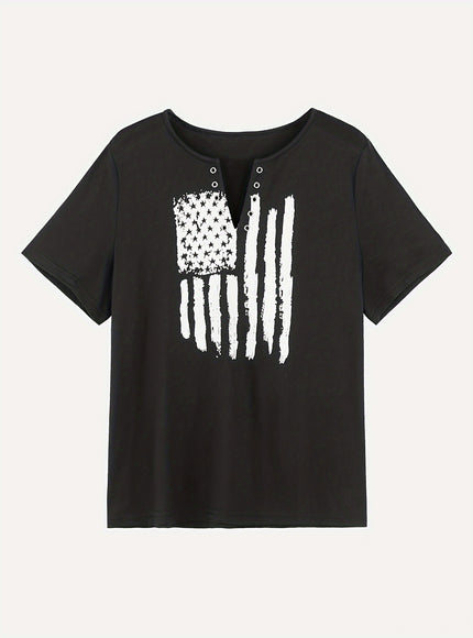 Plus Size Casual T-shirt, Women's Plus Flag Print Grommet Short Sleeve Notched Neck Medium Stretch T-shirt