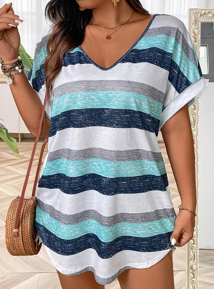 Plus Size, Women's Elegant V-Neck T-Shirt - Stretchy Blouse Top in Teal Blue, Orange & Brown Horizontal Stripes - Polyester/Elastane Blend Shirt for Everyday & Formal Outfits - Machine Washable Women's Clothing, Ladies T Shir