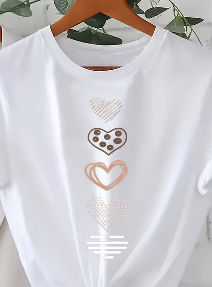 Plus Size, Women's Plus Size Casual T-Shirt - Stretchy Everyday Top with Heart Patterns (White/rose Golden/Print) - Machine Washable Round Neck Shirt for Women - Non-See-Through Fabric for Spring, Summer, Fall Outfits, Ladies