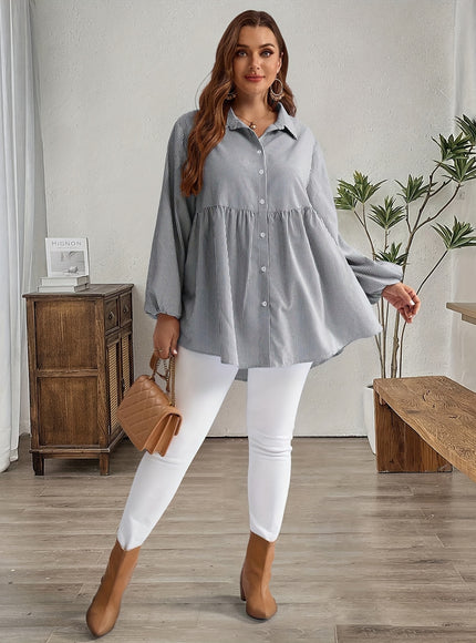 Plus Size, Women's Plus Size Oversized White & Green Horizontal Striped Button- Shirt Jacket-like Blouse - Short Sleeve-like Collar, Wrinkle-Resistant (Machine Washable) H-Line Fit for Year-Round Casual & Dressy Wear (No)