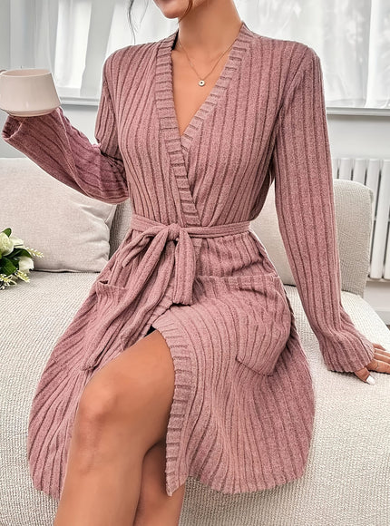 Elegant V-Neck Solid Color Belted Ribbed Plus Size