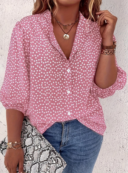 Plus Size Women's Casual Shirt - Floral Print Front Button-Up Blouse with Puff Sleeves, Stand-Up Collar & Lightweight Breathable Fabric for Summer, Machine Washable H-Line Silhouette (Elegant Collection), Relaxed Fit Clothing