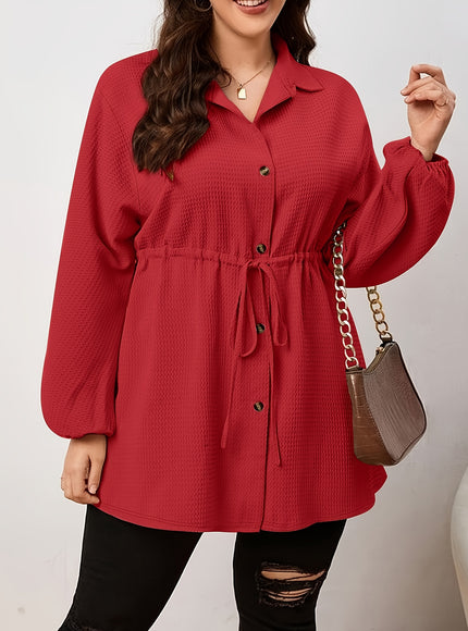 Plus Size - Plus Size, Women'S Elegant Long Sleeve Blouse - Button-Front Shirt with Drawstring Waist, Non-See-Through Fabric for Fall/Winter, Office, Party, Everyday Outfits - Women'S Formal & Casual Tops, Winter Wardrobe, Cl