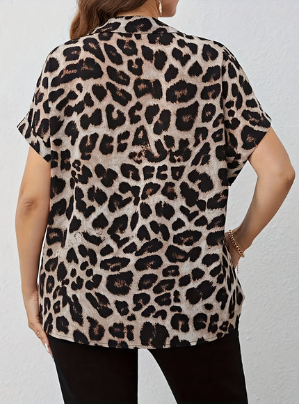 Plus Size, Women's Oversized Plus Size Leopard Print Blouse - Elegant Collar Button-Front Shirt with Black & Brown Spots, Structured Loose Fit Tunic Top for Spring/Fall/Summer, Casual & Formal Events, Machine Washable, Stylis