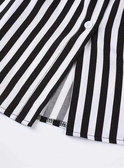 Plus Size, Plus Size Fashionable Elegant Side-Slit High Slit Waist-Length Striped Long Sleeve Shirt