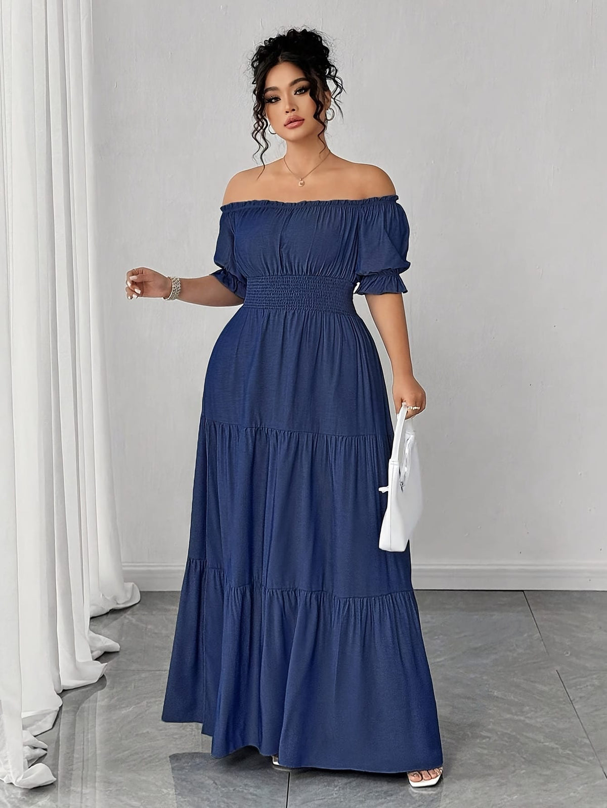 jkthpu-45 Plus Size, Women's Plus Size Elegant Faux Denim Off-Shoulder Maxi Dress - Shirred Ruched Waist with Side Slit, Lantern Short Sleeves & Flared Hem, Machine Washable Casual to Formal All-Season Dress
