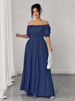 jkthpu-45 Plus Size, Women's Plus Size Elegant Faux Denim Off-Shoulder Maxi Dress - Shirred Ruched Waist with Side Slit, Lantern Short Sleeves & Flared Hem, Machine Washable Casual to Formal All-Season Dress