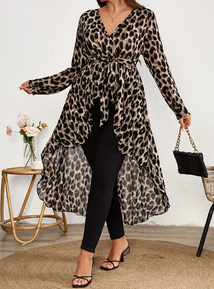 Plus Size Women's Elegant Leopard Print V-Neck Long Sleeve Blouse - Front Short Back Long Length, Semi-Sheer Lightweight Chiffon Top for Spring/Summer, Machine Washable, Chic Chiffon Blouse, Summer Fashion, Vneck Design, Leop