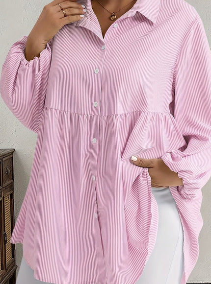 Plus Size, Women's Plus Size Oversized White & Green Horizontal Striped Button- Shirt Jacket-like Blouse - Short Sleeve-like Collar, Wrinkle-Resistant (Machine Washable) H-Line Fit for Year-Round Casual & Dressy Wear (No)