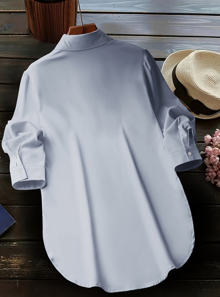 Plus Size Chic Blouse with Flowy Curved Hem - Fashionable Button Front & Classic Collar - Perfect Casual Wear for Spring - Womens Plus Size Clothing