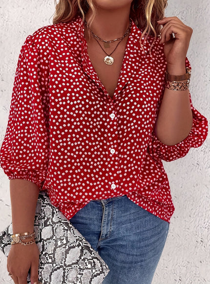 Plus Size Women's Casual Shirt - Floral Print Front Button-Up Blouse with Puff Sleeves, Stand-Up Collar & Lightweight Breathable Fabric for Summer, Machine Washable H-Line Silhouette (Elegant Collection), Relaxed Fit Clothing