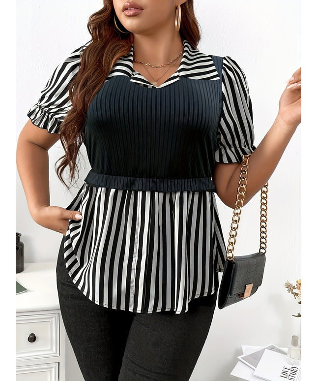 [Stylish Geometric Top] Polyester Women's Stylish Geometric Print Top | Short Sleeves, Elegant Lapel Collar, All-Season Wear, Casual Attire