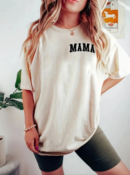 Plus Size - Plus Size Women'S Casual T-Shirt - "MAMA" Graphic Print, Crew Neck, Short Sleeve, Soft Polyester Blend, Black with White Lettering, Comfortable & Stylish for Casual Attire