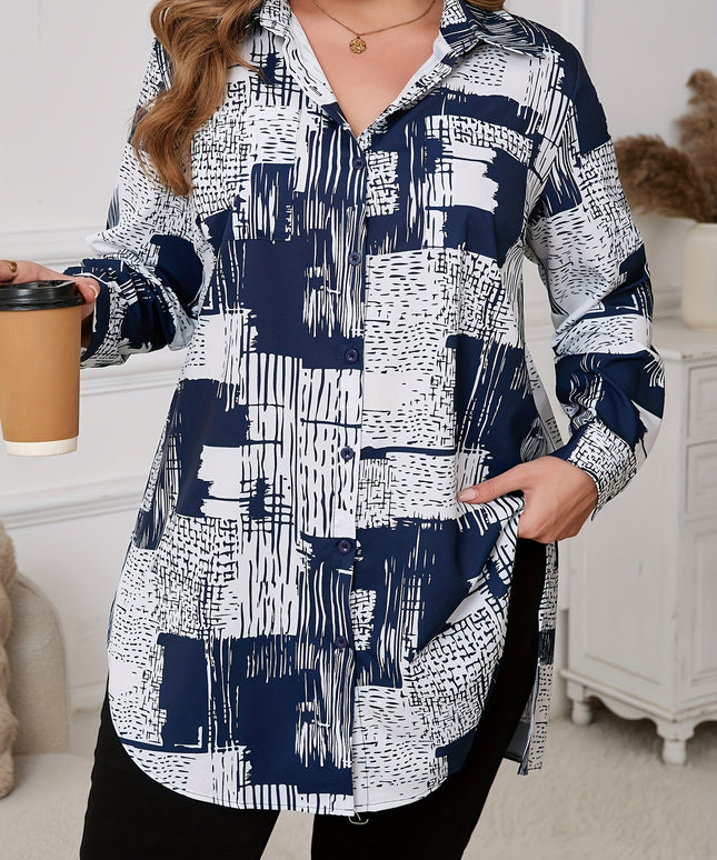 [Plus Size Elegant Geometric Shirt] Women'S Elegant Geometric-Patterned Shirt, Polyester 95% Spandex 5%, Long Sleeve with Lapel Collar, Slight Stretch Fabric, Woven, 110g/m², for Spring/Fall - Plus Size