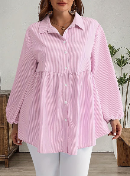 Plus Size, Women's Plus Size Oversized White & Green Horizontal Striped Button- Shirt Jacket-like Blouse - Short Sleeve-like Collar, Wrinkle-Resistant (Machine Washable) H-Line Fit for Year-Round Casual & Dressy Wear (No)