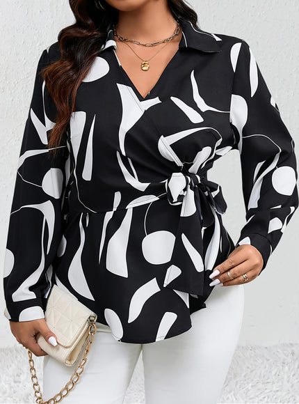 Plus Size - Plus Size Women'S Casual Shirt - Black & White Geometric Pattern, Long Sleeve, Button-Up with Tie Waist, Lightweight Non-Stretch Fabric, All-Season Versatile Top for Casual Attire, Versatile Fashion | Geometric Pa