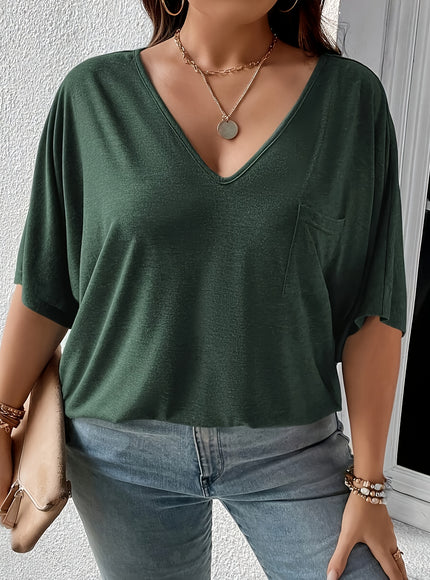 Plus Size, Plus Size Women's 2pcs Set Deep V Neck Solid Color Pocket Patch T-Shirt