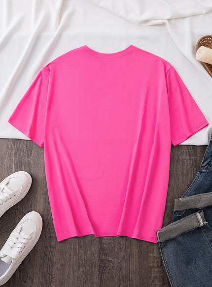 Women's Valentine's Day Leopard Heart Print T-Shirt - Short Sleeve Crew Neck Casual Top, Vibrant Pink, Relaxed Fit, Machine Washable, Plus Size Friendly, All-Season Comfort, Valentine's Day T-shirts, Trendy Casualwear, Durabl