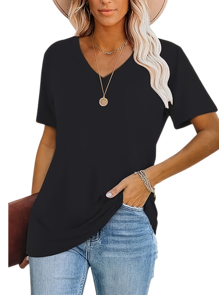 Women'S Plus Size Casual T-Shirt Set - 3pcs, V-Neck, Short Sleeve, Lightweight & Stretchy, All-Season Comfort, Casual Wear|Vneck Tshirt|Lightweight Fabric