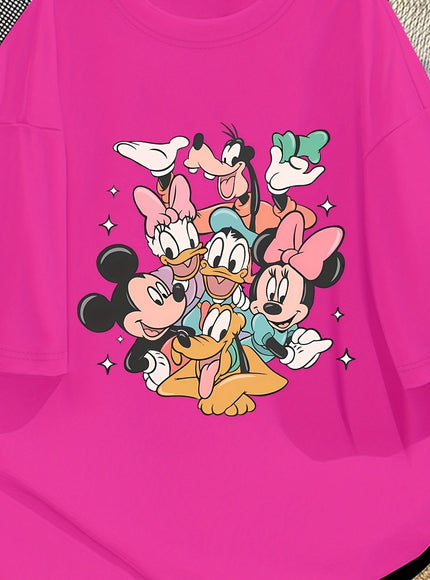 Disney Official Women's Summer New Arrival Oversized Fashionable Mickey Mouse & Friends Cartoon Print Casual Round Neck T-Shirt, Machine Washable Loose Fit Fun Design Comfort Fabric for Home and Outing Wear