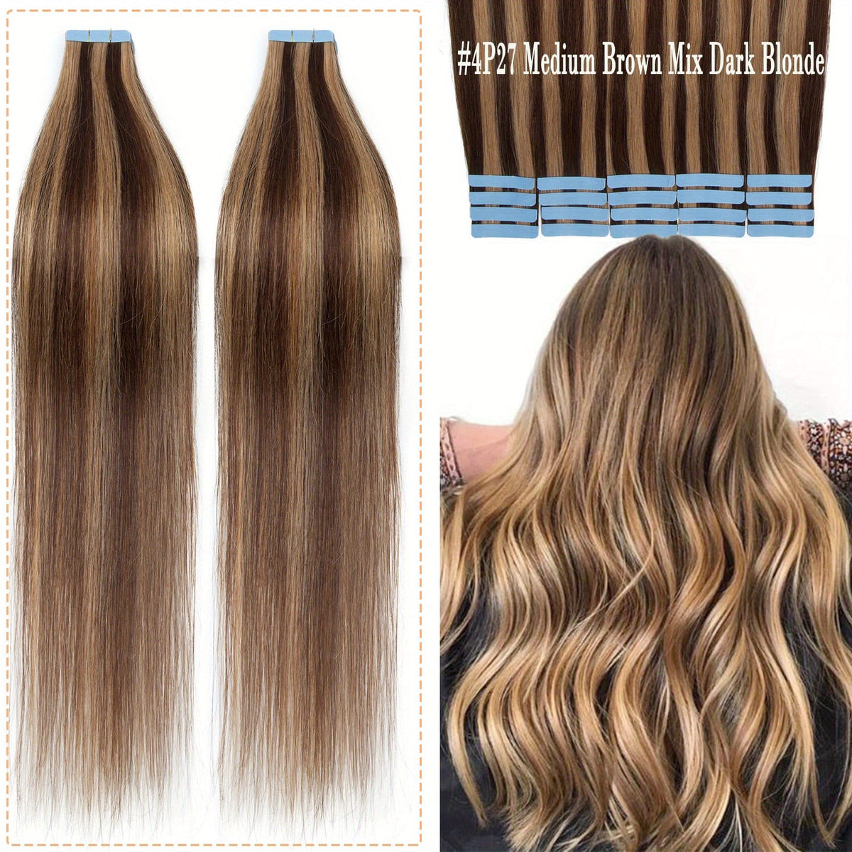 KissICON #4P27 / 20inch 💋 Tape In 100% Human Hair Extensions Weft