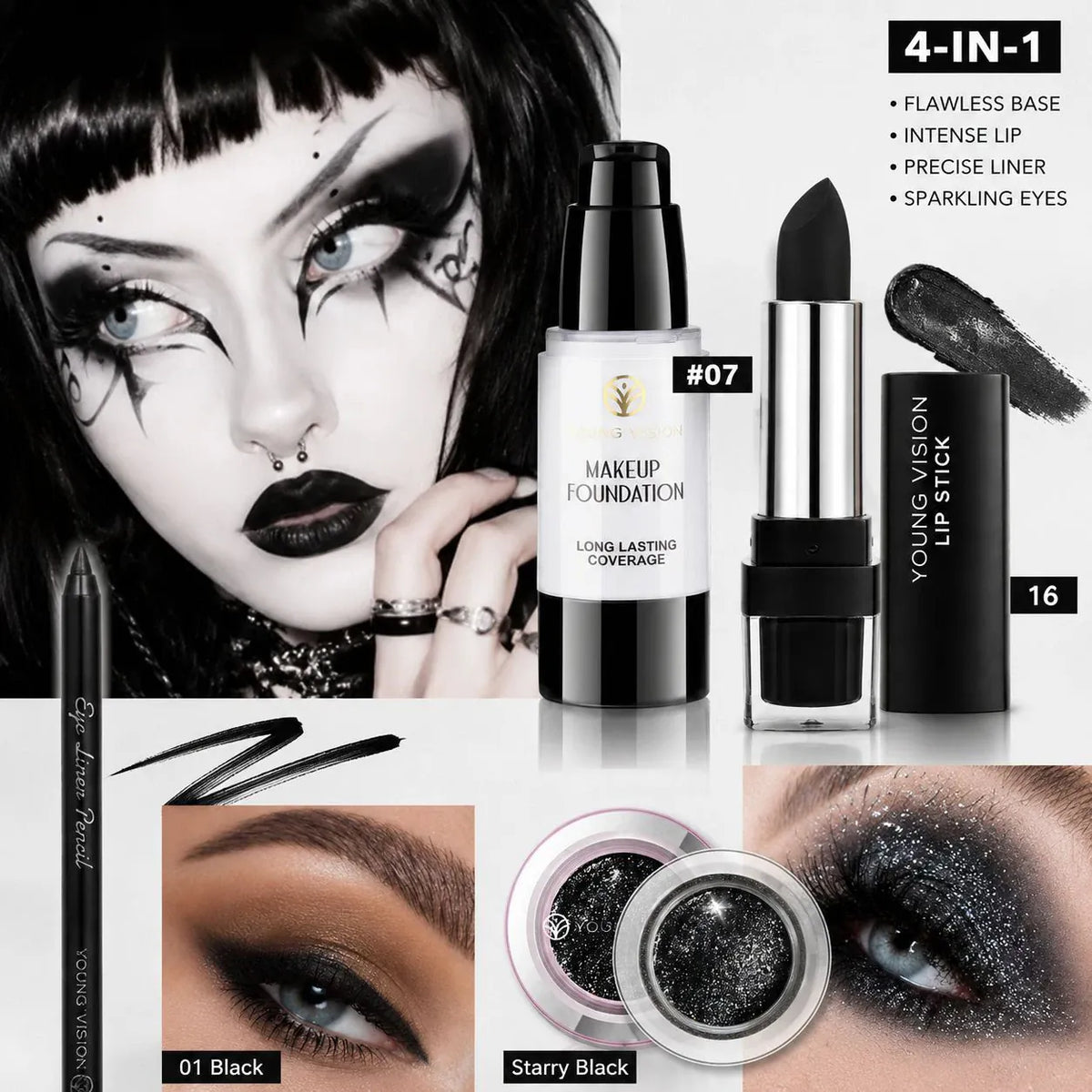 KissICON 4pcs 4PCS Halloween Makeup Kit White liquid foundation, lipstick, eyeliner, eyeshadow,Goth Vampire Skeleton SFX Cosplay Costume Party
