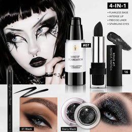 KissICON 4pcs 4PCS Halloween Makeup Kit White liquid foundation, lipstick, eyeliner, eyeshadow,Goth Vampire Skeleton SFX Cosplay Costume Party