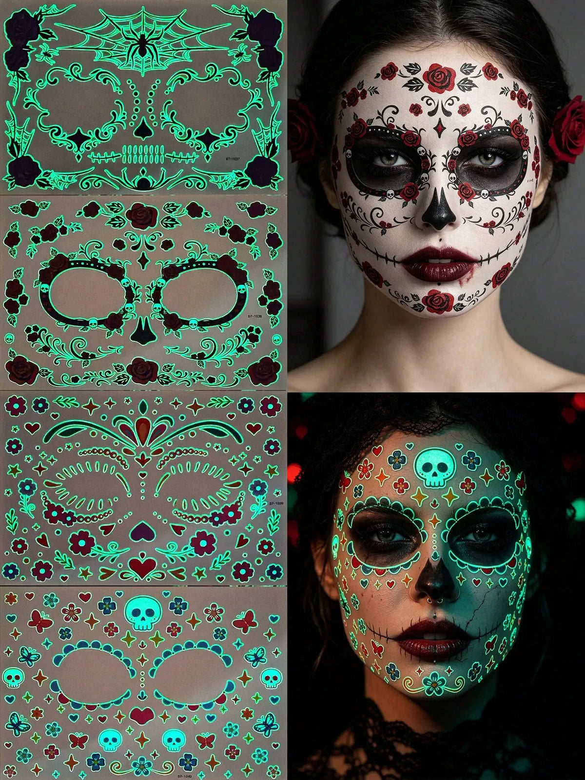 KissICON 4pcs Glow-In-The-Dark Halloween Temporary Tattoo Stickers, Day Of The Dead Face Paint Tattoos, Gothic Spider Web, Dark Rose & Skull Waterproof Fake Tattoos For Halloween Party And Gifts
