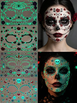 KissICON 4pcs Glow-In-The-Dark Halloween Temporary Tattoo Stickers, Day Of The Dead Face Paint Tattoos, Gothic Spider Web, Dark Rose & Skull Waterproof Fake Tattoos For Halloween Party And Gifts