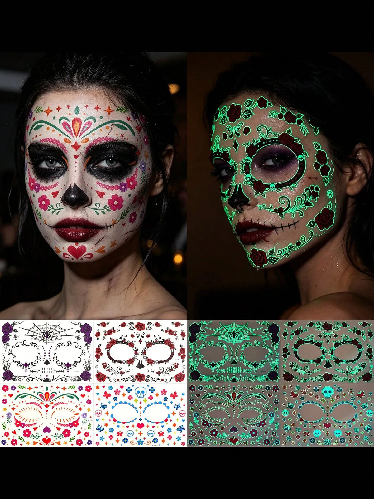 KissICON 4pcs Glow-In-The-Dark Halloween Temporary Tattoo Stickers, Day Of The Dead Face Paint Tattoos, Gothic Spider Web, Dark Rose & Skull Waterproof Fake Tattoos For Halloween Party And Gifts